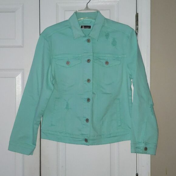 Soundgirl distressed mint denim jean jacket  Sz - Picture 1 of 8